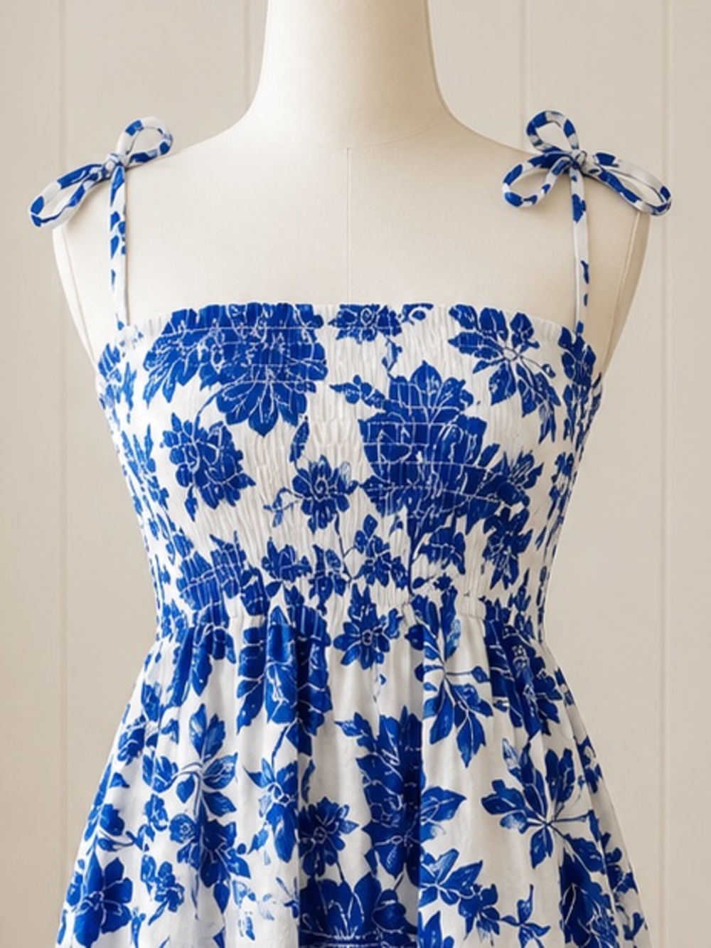 Floral Smocked Dress Skirt Blue White Convertible Resort Summer - Picture 2 of 7